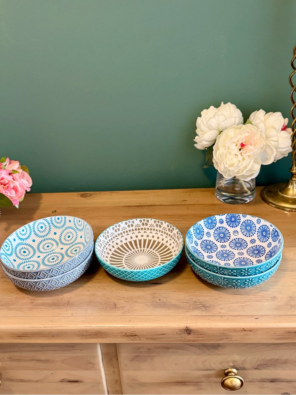 5 Signature Housewares Stoneware Bowls Blue Teal Grey Pattern 14.5oz